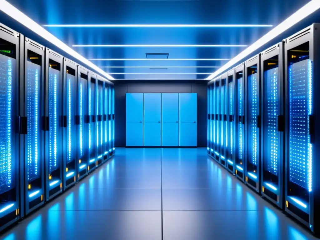 Server room de última tecnología: 8k detallado Sala de servidores moderna y ordenada con luces azules, reflejando tecnología de vanguardia para estrategias de fidelización clientes hosting