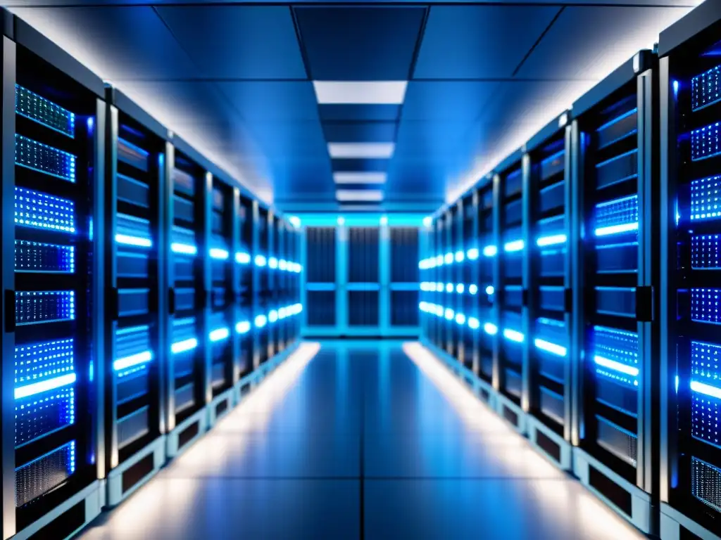 Sala de servidores moderna: eficiencia y velocidad en azul Una sala de servidores moderna y ordenada, bañada en luz azul, con luces parpadeantes y cables meticulosamente organizados
