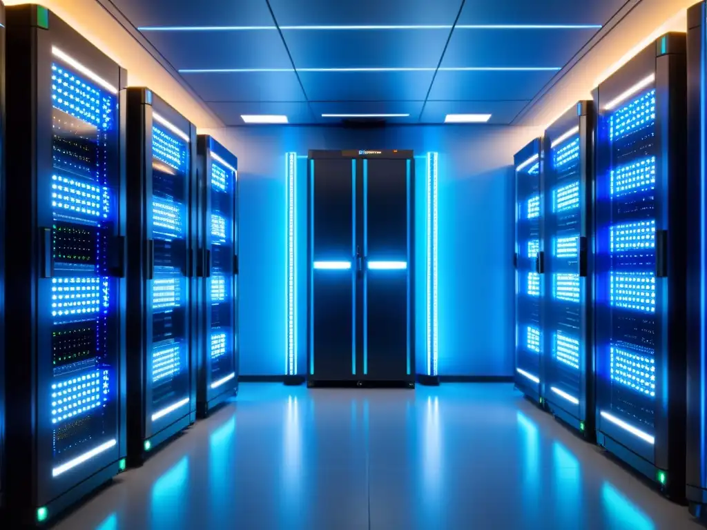Sala de servidores futurista con opciones de seguridad Una sala de servidores moderna y ordenada con luces LED brillantes en tono azul, transmitiendo una atmósfera futurista y segura