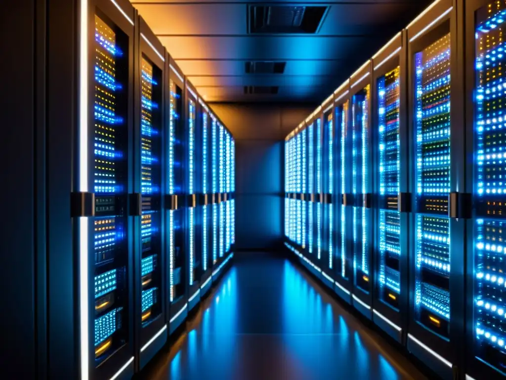 Una sala de servidores moderna y ordenada con luces LED parpadeantes