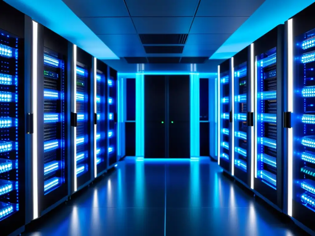 Sala de servidores futurista: tecnología de vanguardia en alta resolución Una sala de servidores moderna y ordenada con luces LED brillantes en tonos azules