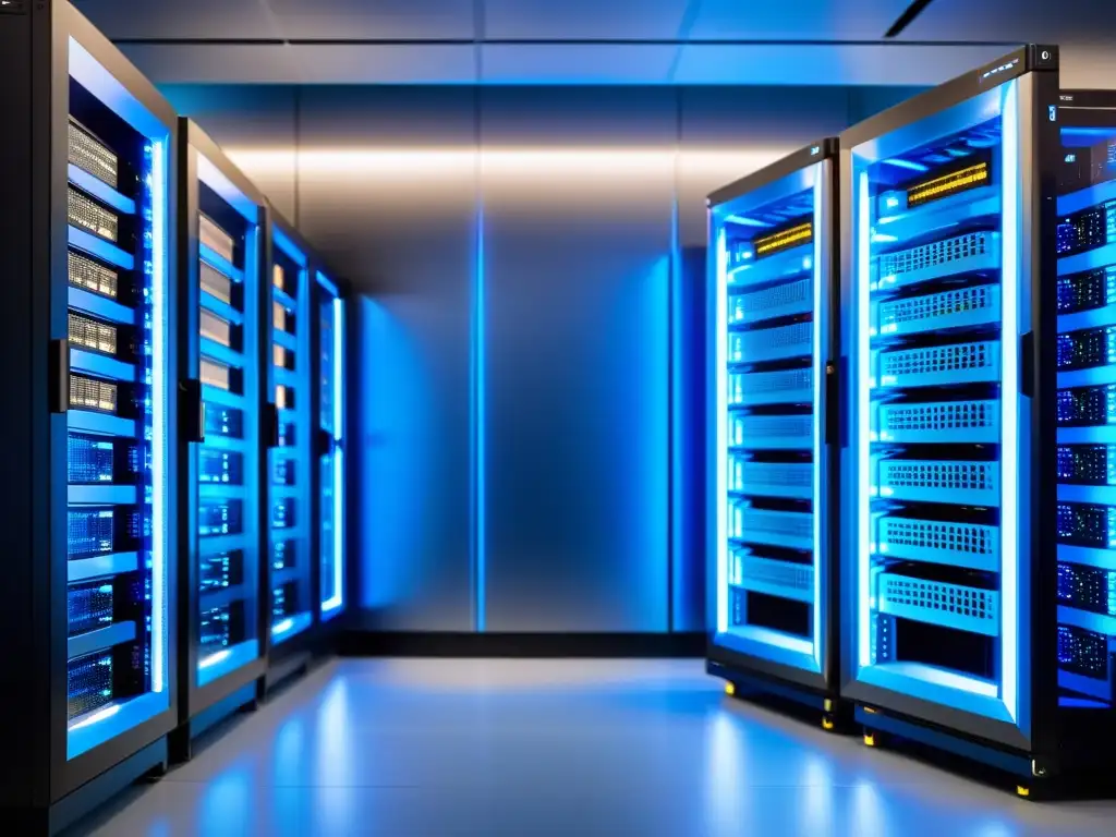 Sala de servidores de alta tecnología: eficiencia y fiabilidad Una sala de servidores moderna y segura con equipos de red y servidores de última generación organizados de forma impecable, bañada en una luz azul