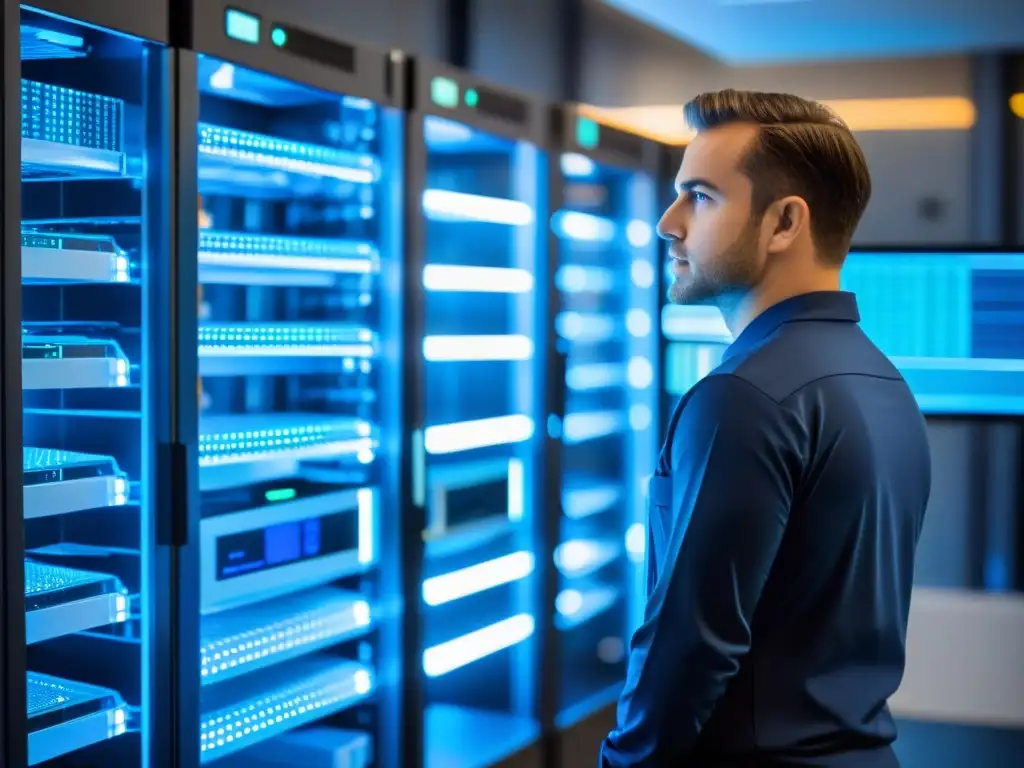 Una sala de servidores segura y organizada con auditorías de seguridad proveedor hosting