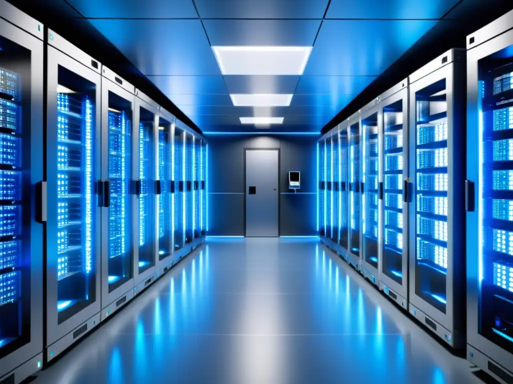 Sala de servidores segura y avanzada: tecnología de vanguardia Una sala de servidores segura y protegida con avanzadas medidas de seguridad, iluminada por luces azules y blancas