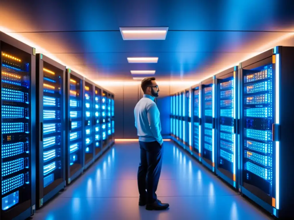 Sala de servidores segura: alta tecnología y orden Una sala de servidores segura con racks organizados y técnicos trabajando, bañada en una suave luz azul futurista