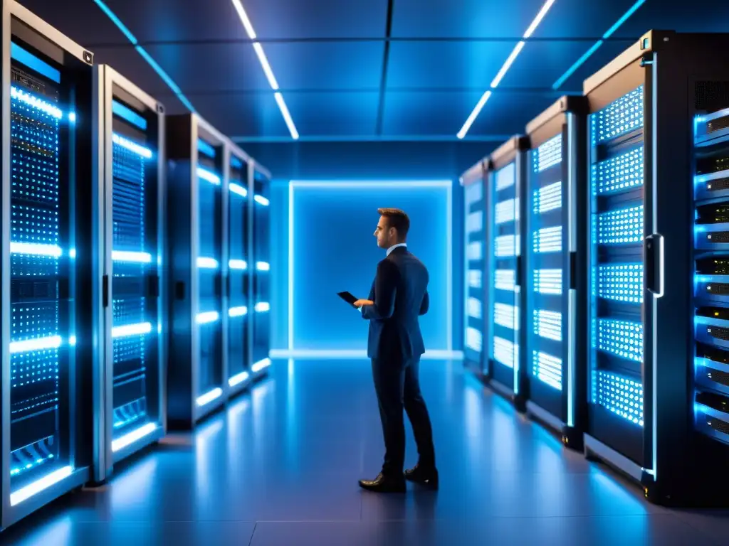 Sala de servidores SFTP: Tecnología de vanguardia Una sala de servidores SFTP de alta tecnología con profesionales trabajando, transmitiendo una atmósfera de seguridad y eficiencia