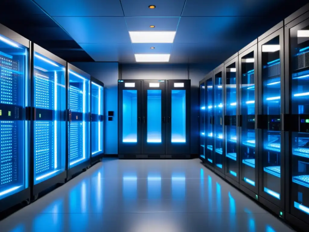 Sala de servidores segura y futurista con tecnología avanzada Una sala de servidores segura con tecnología de acceso biométrico, cámaras de vigilancia y sistemas contra incendios
