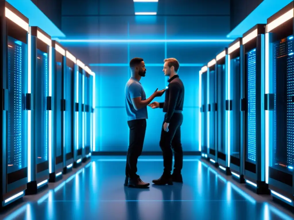 Servidores Futuristas: Integración de IA en Ambiente Tecnológico Selección de Hosting con IA: Sala de servidores futurista con racks iluminados y tecnico interactuando con holograma
