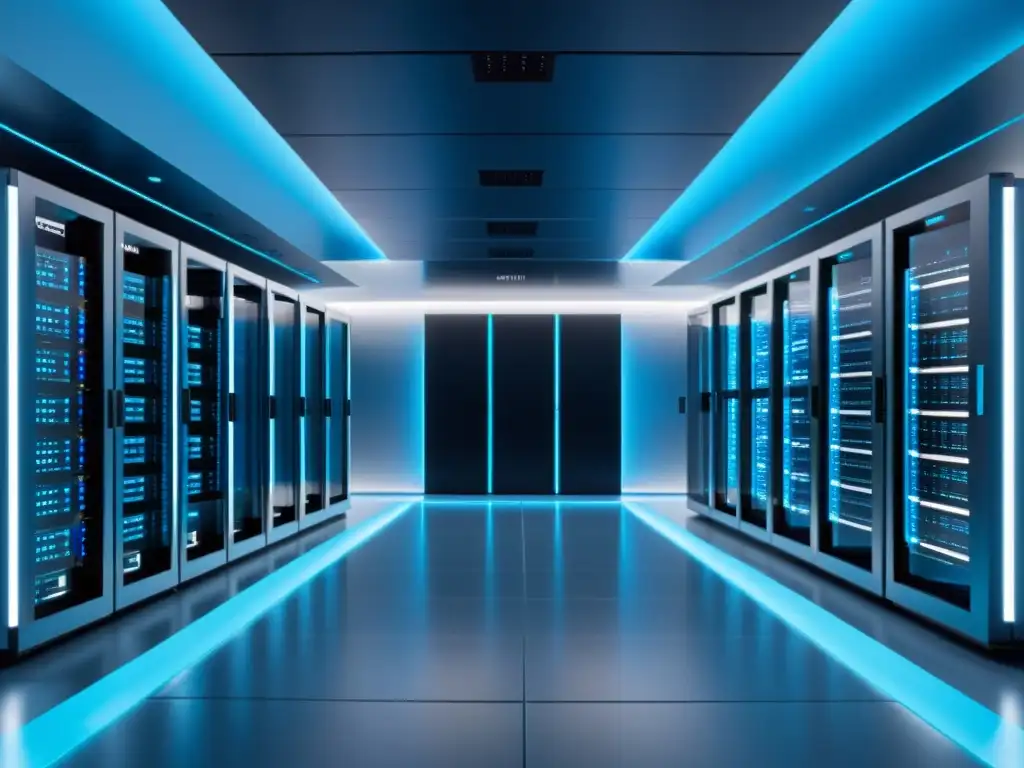 Centro de servidores futurista: integración perfecta de IA Selección de Hosting con IA: Sala de servidores futurista con tecnología AI, iluminación azul y visualizaciones de datos avanzadas