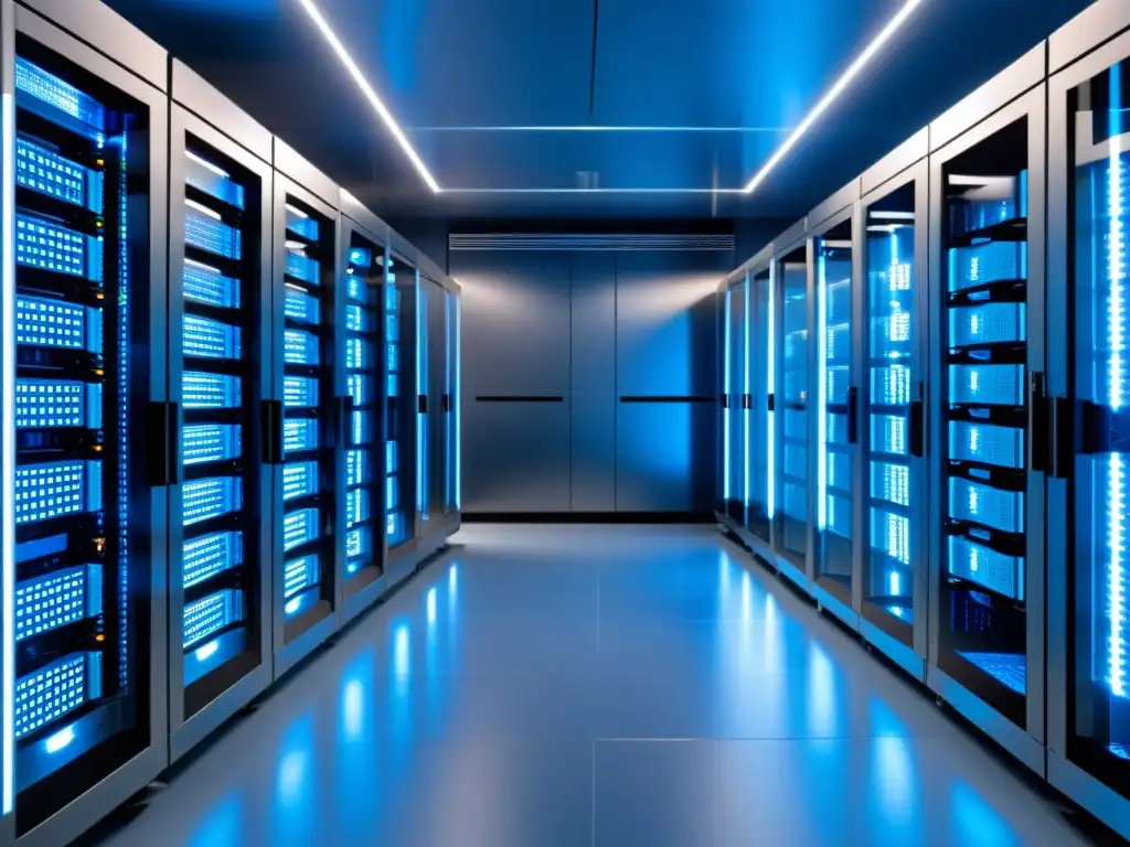 Sala de servidores de alta tecnología: eficiencia y diseño futurista Un servidor de alta tecnología en una sala impecablemente organizada, bañada en una suave luz azul