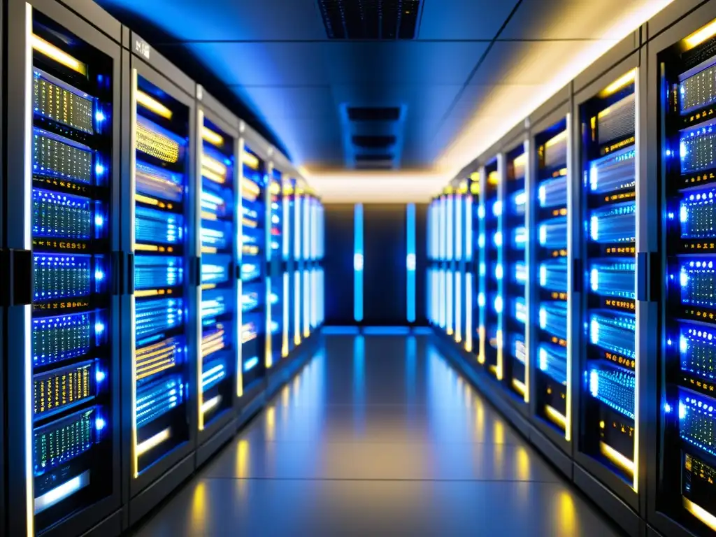 Sala de servidores de alta tecnología: eficiencia y modernidad Un servidor de alto rendimiento en una sala ultramoderna, con luces parpadeantes y cables organizados, maximizando rendimiento sitios alto volumen