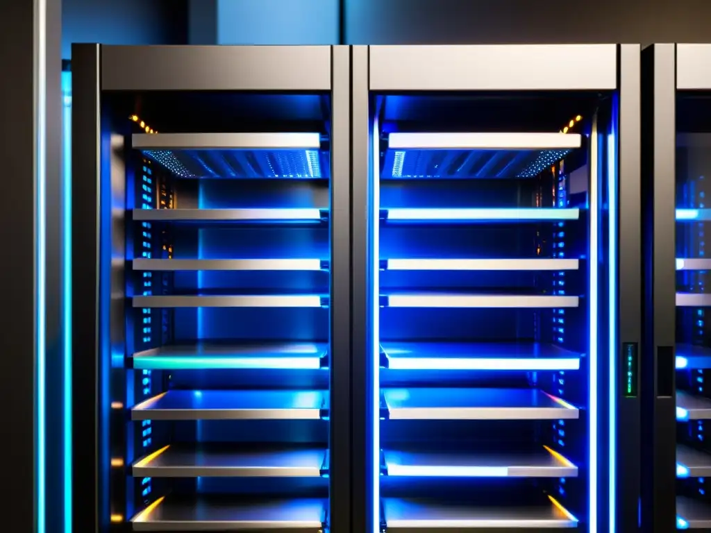 Servidor futurista de alta tecnología con luces LED parpadeantes Un servidor futurista de alta tecnología con luces LED parpadeantes, reflejando eficiencia y el impacto de la latencia en hosting