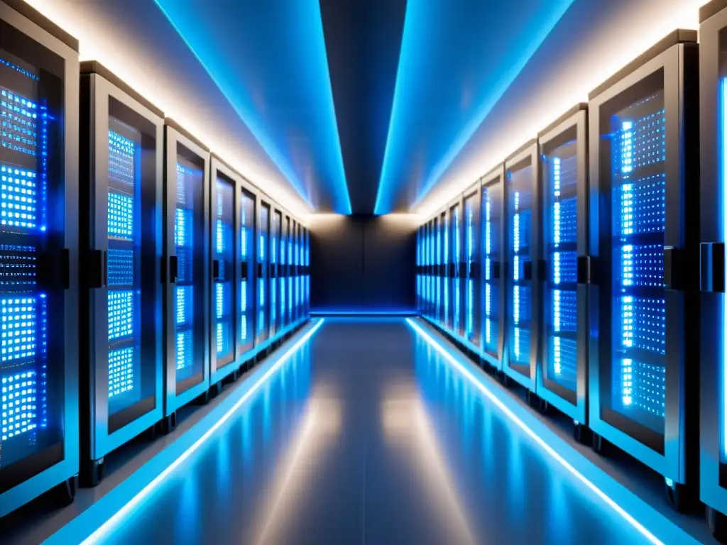 Sala de servidores futurista con tecnología de vanguardia Un servidor futurista iluminado en azul y blanco con cables de fibra óptica, reflejando la importancia del soporte técnico en hostings para startups