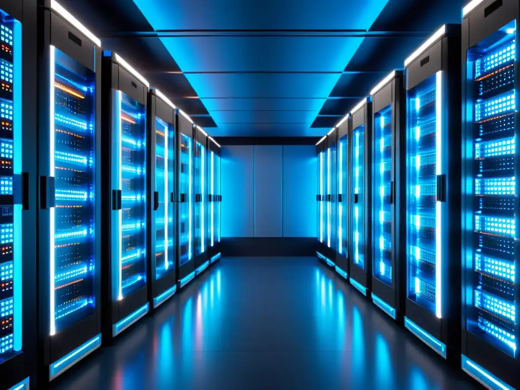 Sala de servidores futurista: tecnología avanzada y diseño innovador Un servidor futurista iluminado en azul en un centro de datos de vanguardia, mejorando servicio hosting estudio competencia
