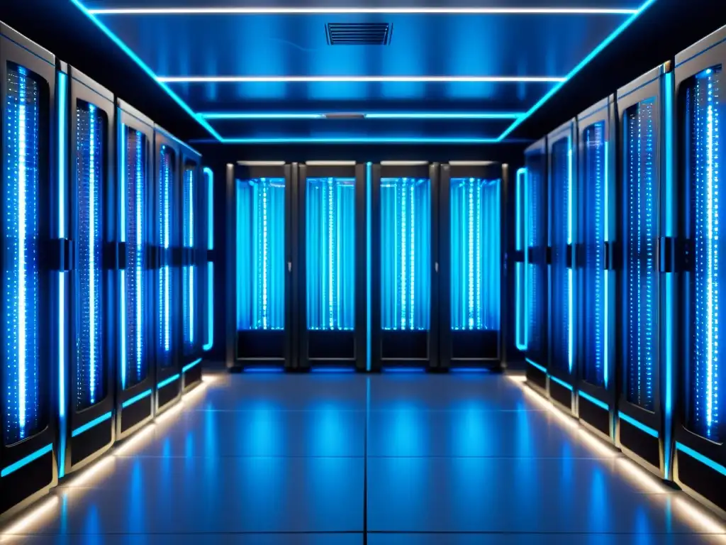 Sala de servidores futurista: tecnología avanzada y seguridad Un servidor futurista y simétrico con luces LED parpadeantes en una sala de servidores azul