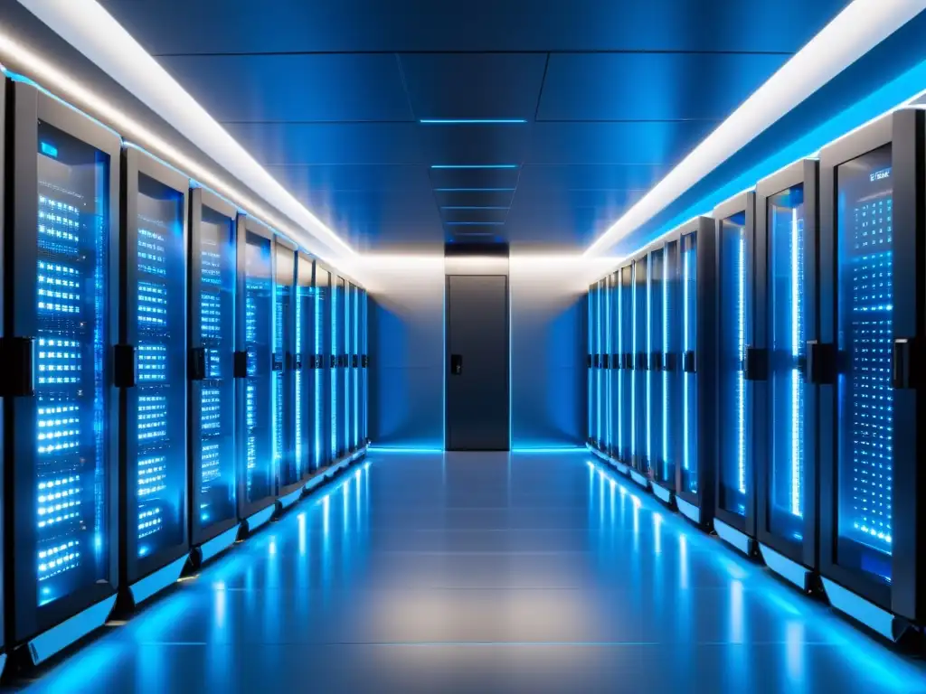 Sala de servidores de alta tecnología: eficiencia y precisión Un servidor futurista en una sala iluminada con luces LED azules y blancas