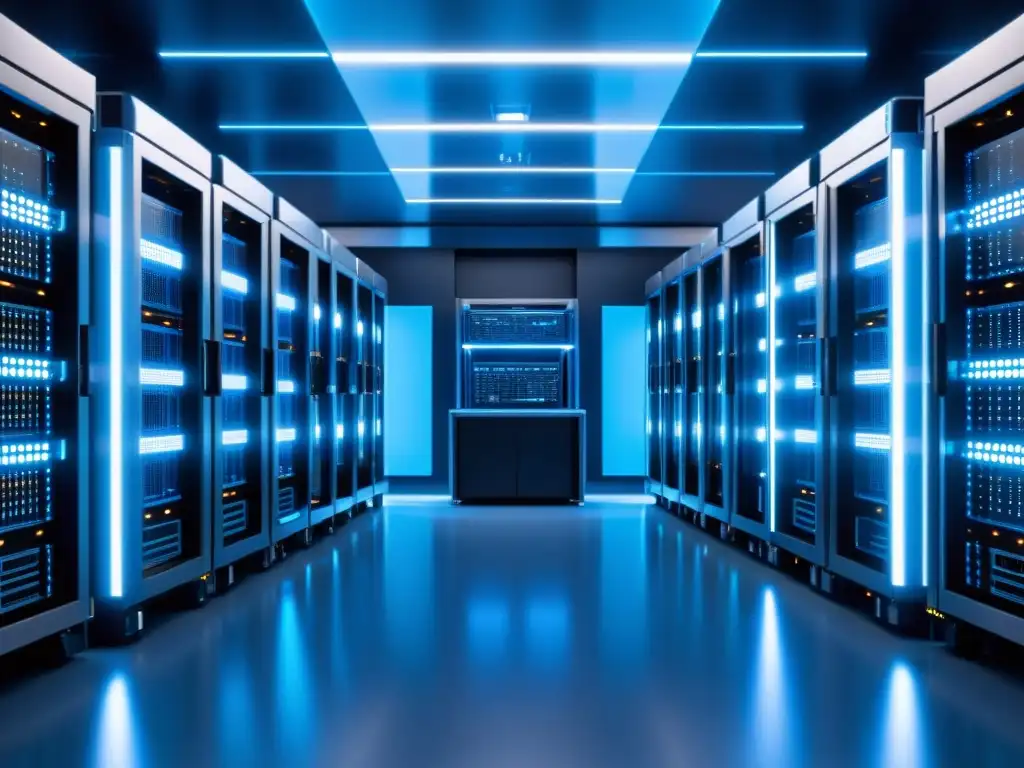 Sala de servidores futurista: tecnología de vanguardia en 8k Un servidor futurista 8k en una sala impecablemente limpia, con tecnología de vanguardia y automatización del hosting: beneficios y desafíos