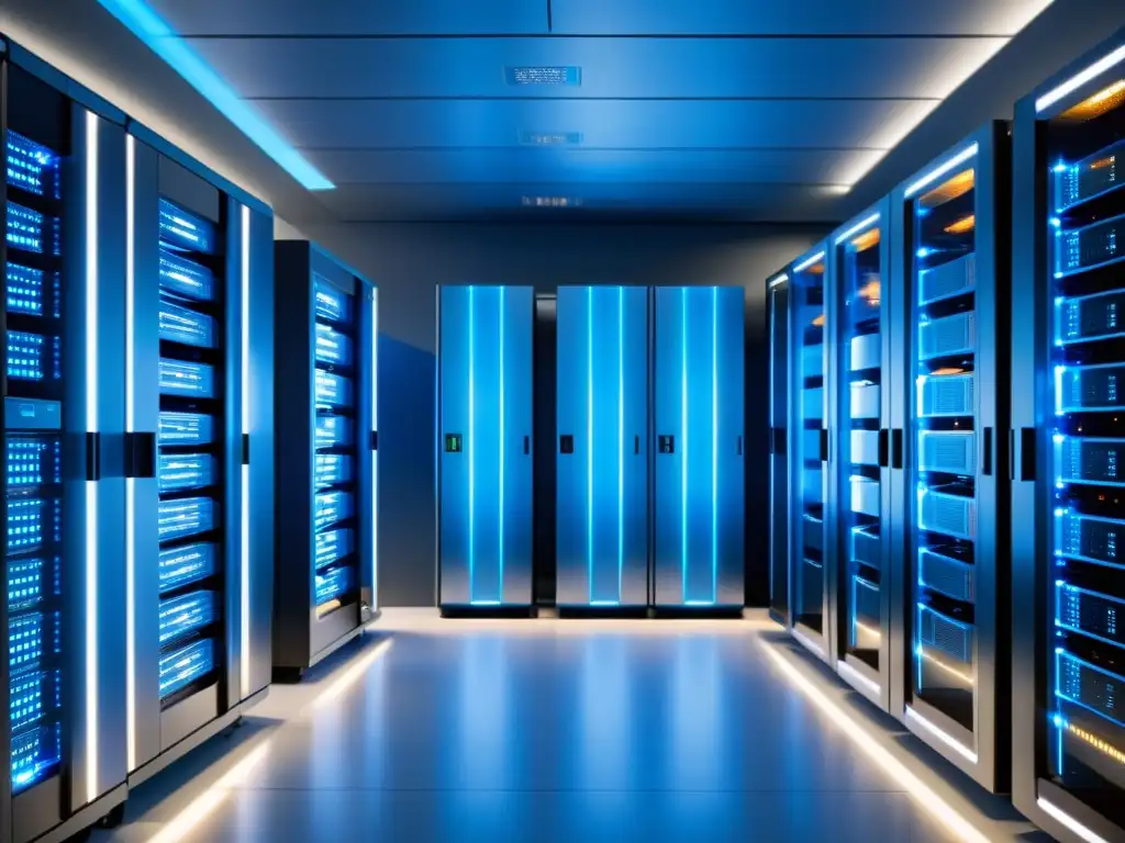 Sala de servidores futurista con tecnología avanzada Un servidor futurista emitiendo un suave resplandor azul en un data center moderno