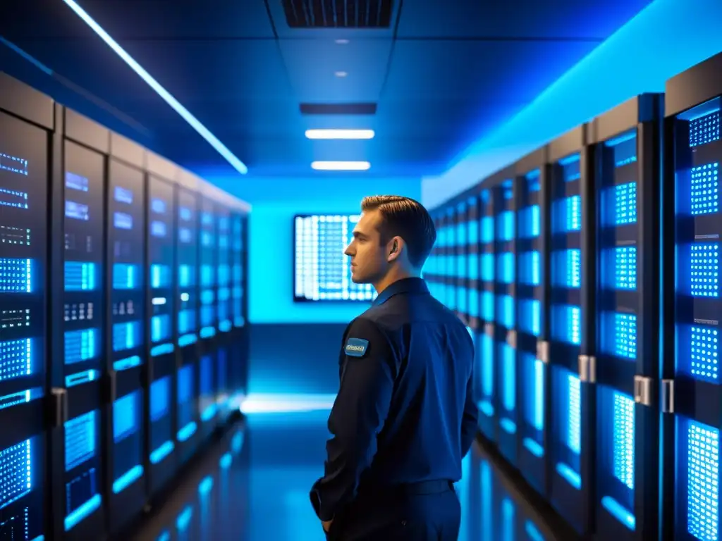 Centro de servidores ultraseguro: tecnología de seguridad avanzada Un servidor futurista y ultraseguro con tecnología de encriptación avanzada y acceso biométrico