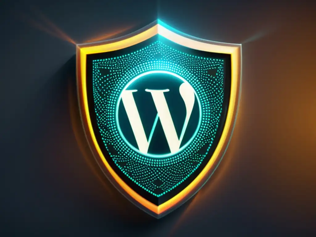 Servidor hosting WordPress seguro en 8k con escudo digital Un servidor de hosting WordPress seguro contra ataques DDoS rodeado por un escudo translúcido con patrones digitales