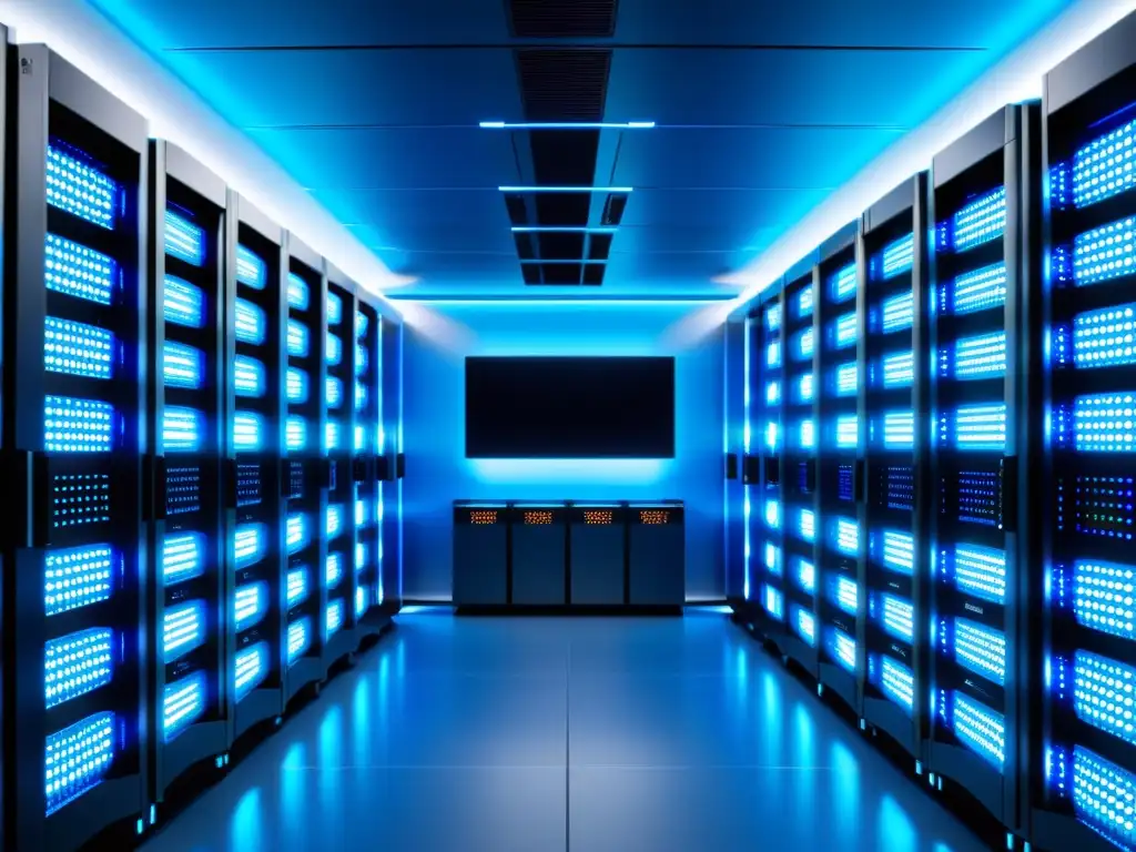 Sala de servidores de alta tecnología: Imagen 8k ultra detallada Un servidor moderno y eficiente en una sala espaciosa y futurista, bañada en luces LED azules
