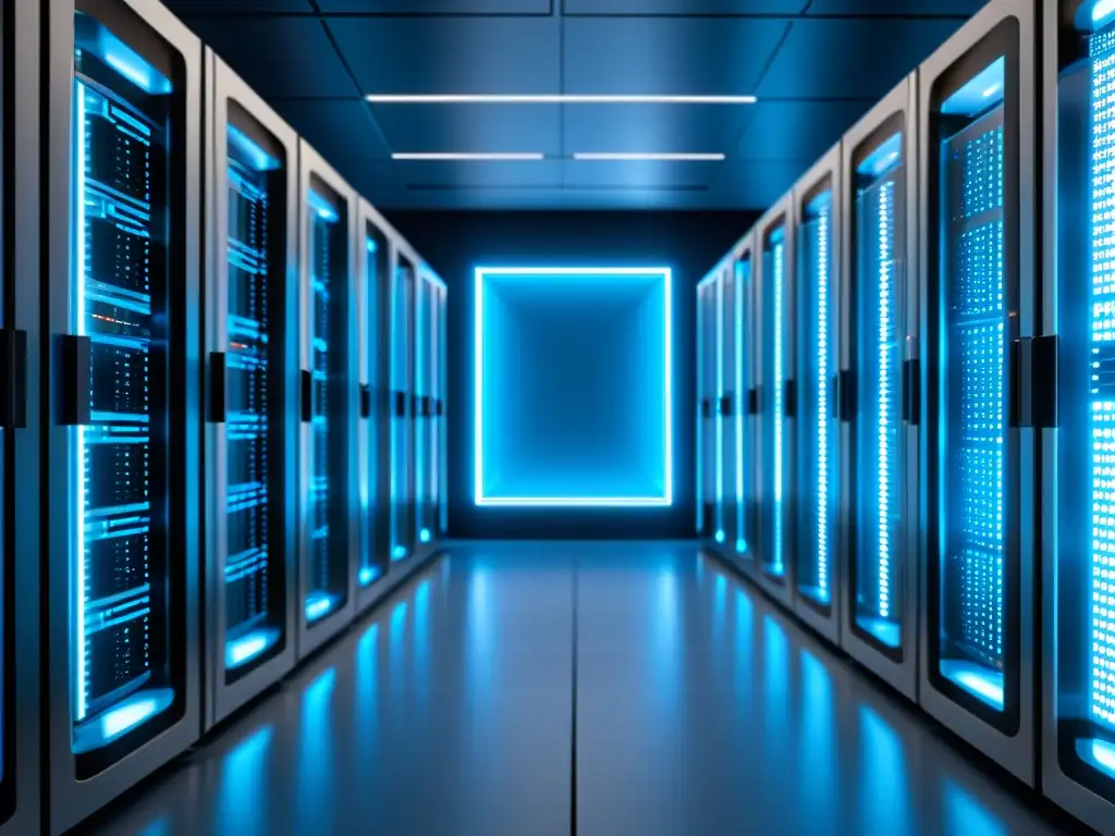 Servidores Futuristas Emitiendo Brillo Azul en Sala de Alta Tecnología Un servidor moderno emite un suave resplandor azul en una sala de alta tecnología