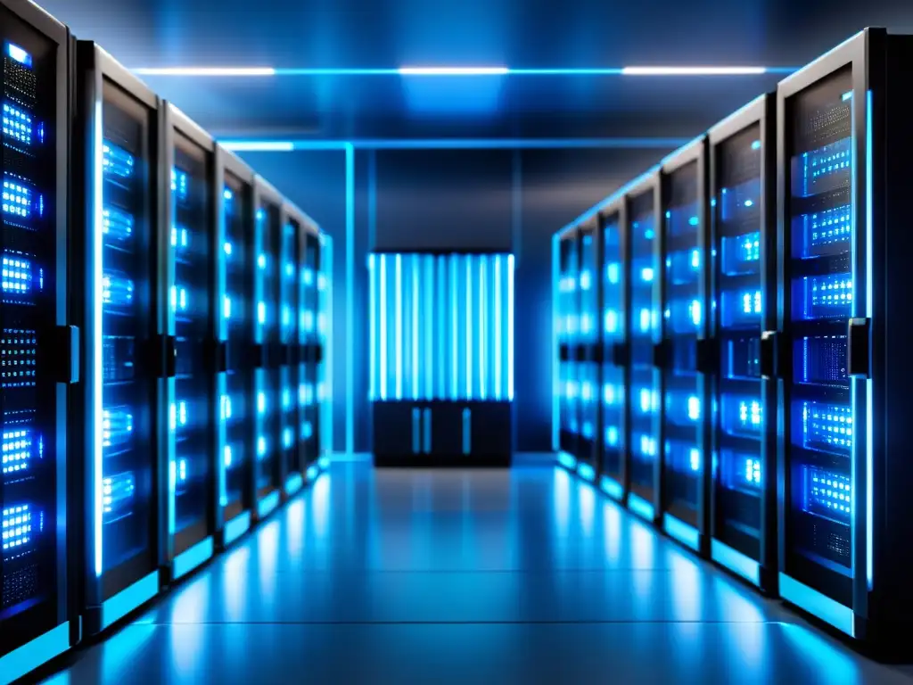 Sala de servidores futurista: tecnología de vanguardia para web hosting Un servidor web futurista con luces LED parpadeantes, creando un ambiente fresco y estéril