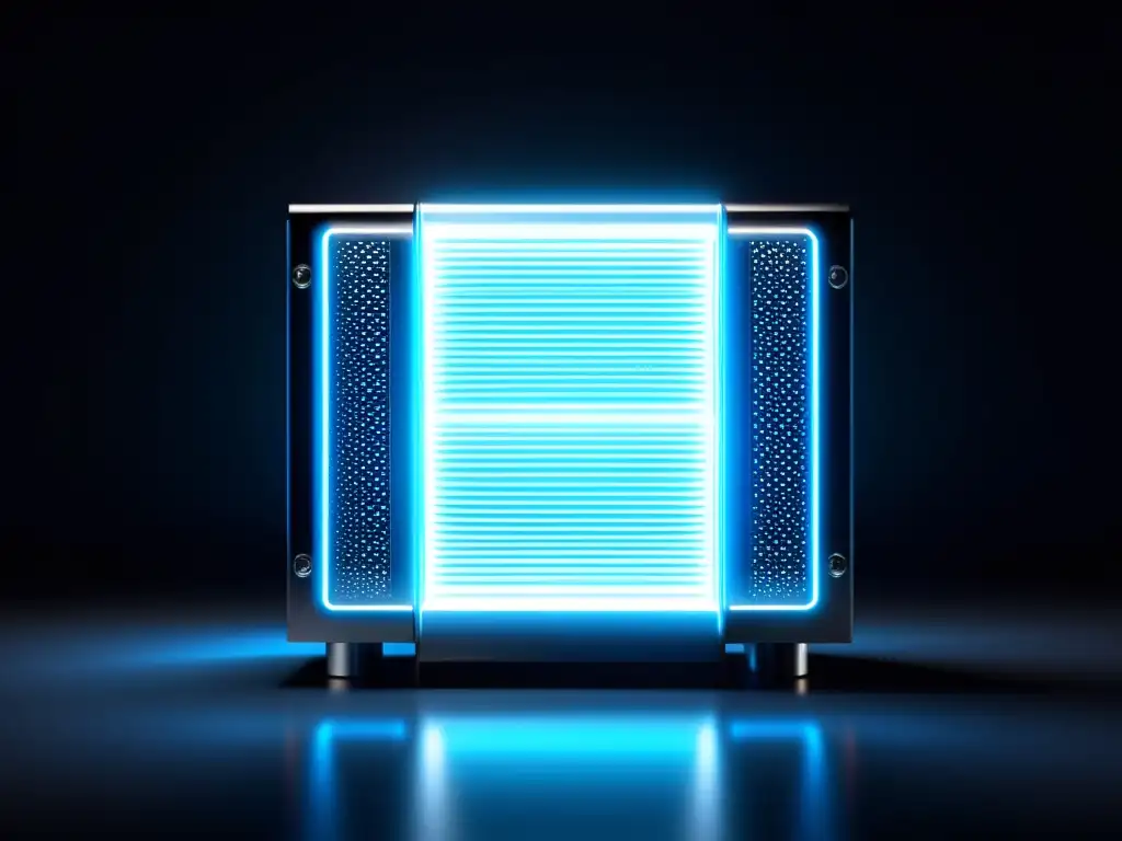 Servidor web futurista de alta tecnología en fondo oscuro Un servidor web moderno y elegante con circuitos intrincados y luces azules brillantes en un fondo oscuro