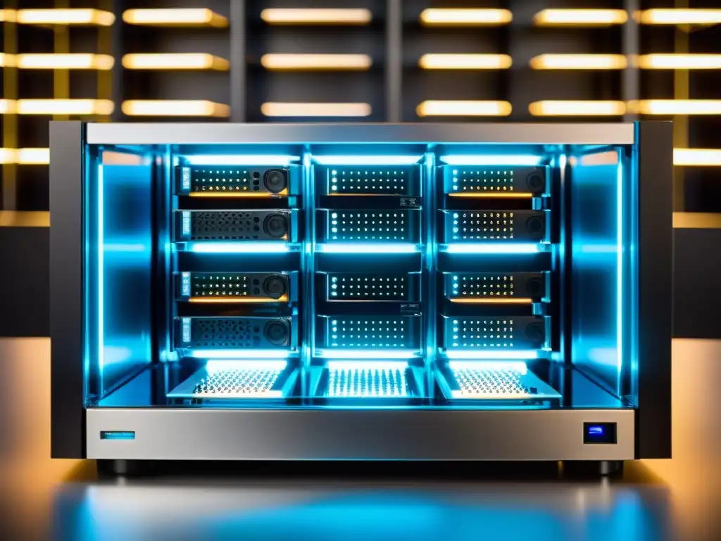 Servidor web SSD de alta tecnología Un servidor web moderno y elegante con unidades SSD, iluminado con LED