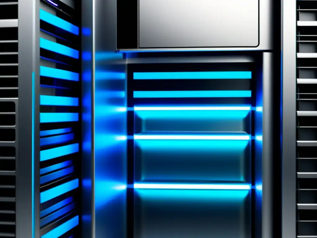 Servidor web moderno con SSD iluminado en azul Un servidor web moderno con unidades SSD iluminadas en azul