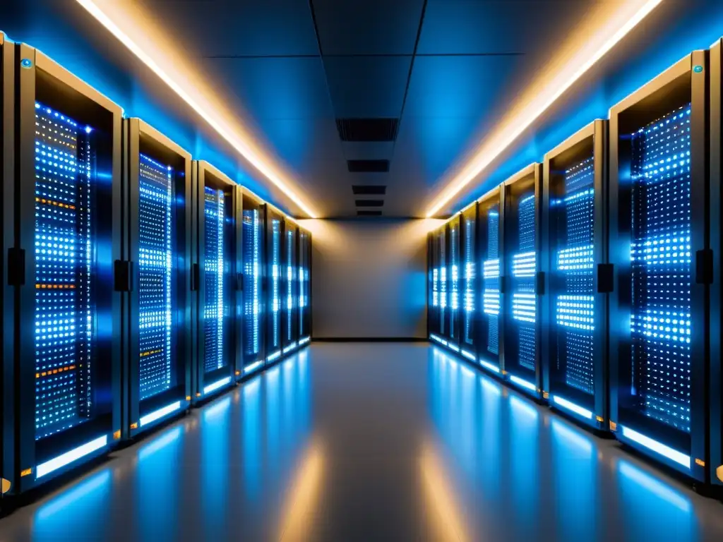 Centro de datos moderno: precisión y tecnología de vanguardia Servidores en un centro de datos moderno, con luces LED parpadeantes, transmitiendo un ambiente de tecnología de vanguardia y conectividad