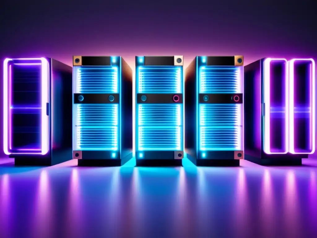 Servidores de alta tecnología con circuitos visibles en 8k Dos servidores de computadora en un ambiente futurista con circuitos visibles a través del cristal translúcido, destacando la tecnología de vanguardia