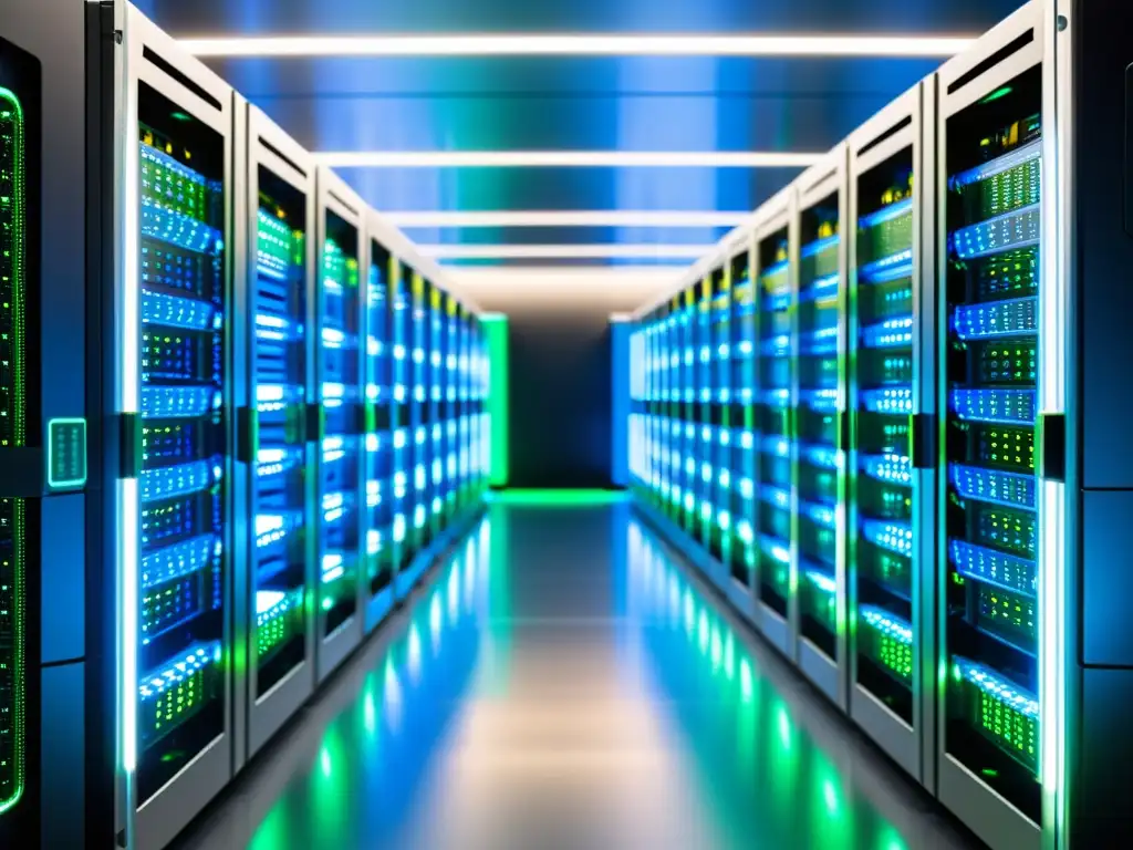 Servidores de alta tecnología en sala futurista Dos servidores de computadora en un cuarto estéril, con luces LED azules y verdes