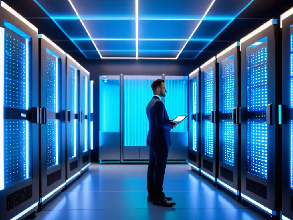 Sala de servidores moderna: eficiencia y tecnología de vanguardia Servidores modernos y eficientes en ambiente futurista, con técnicos expertos