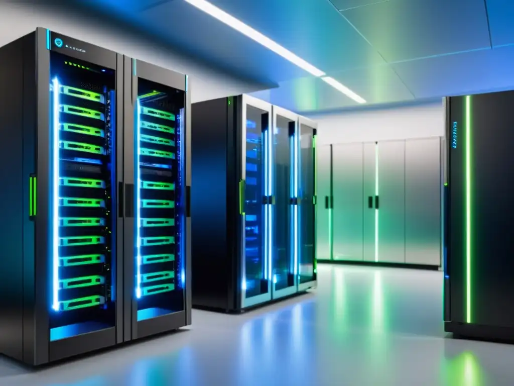Servidores de alta tecnología en centro de datos futurista Dos servidores modernos de DreamHost y InMotion Hosting en un centro de datos futurista