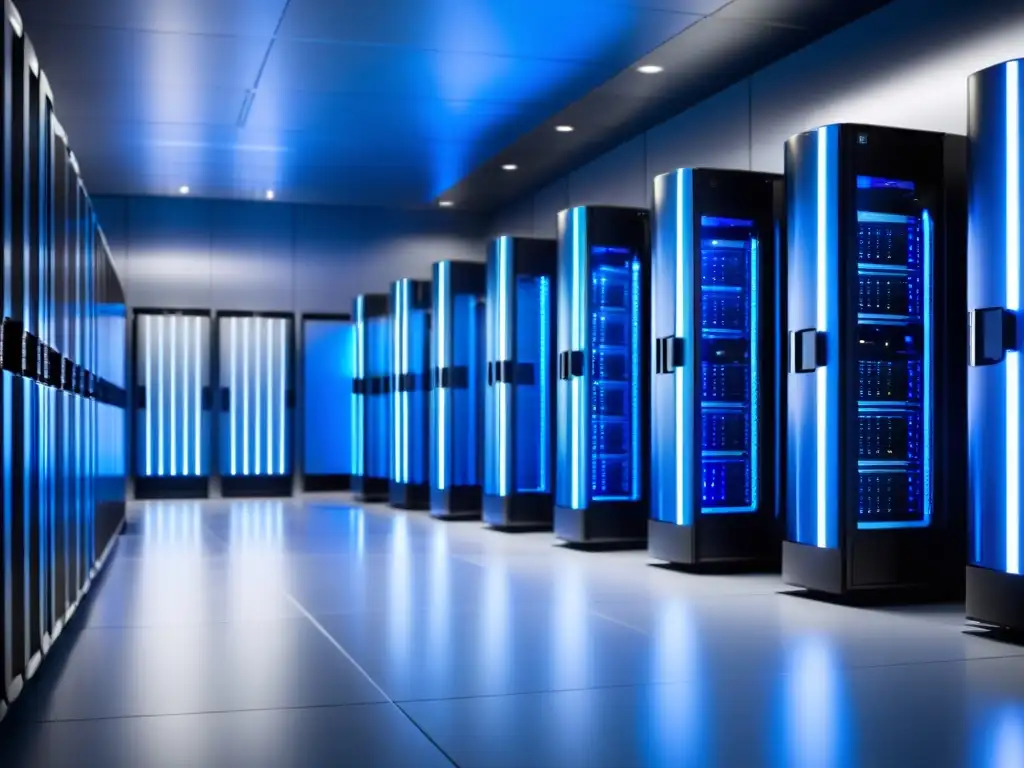 Servidores de alta tecnología: sala ordenada y eficiente Servidores modernos iluminados con luces azules, óptima organización y rendimiento para hosting web PHP