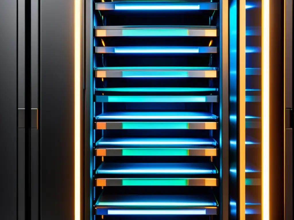 Servidores modernos y organizados con luces LED, creando una atmósfera futurista y eficiente