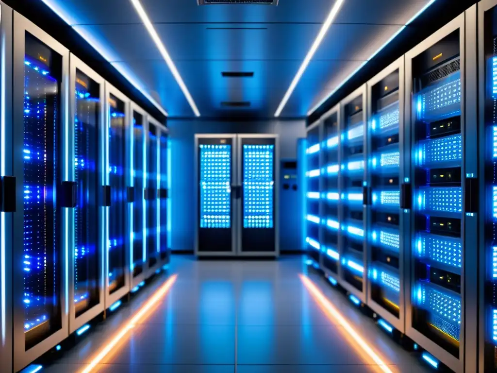 Sala de servidores de alta tecnología: eficiencia y fiabilidad en WordPress Servidores modernos en una sala impecablemente organizada con iluminación LED azul suave