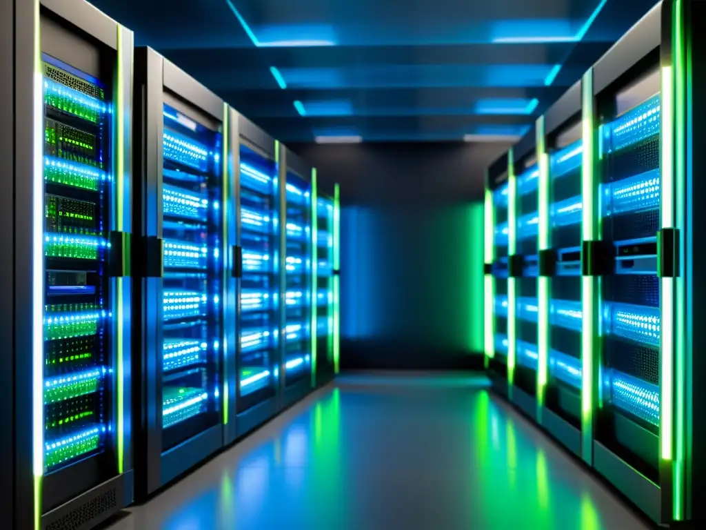 Servidores web modernos iluminados en sala futurista Dos servidores web modernos en duelo de velocidad y confiabilidad, con luces LED azules y verdes iluminando una sala futurista