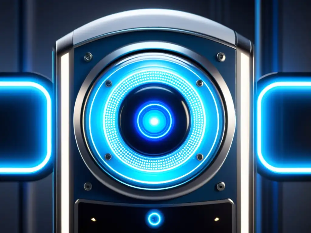 Sistema de seguridad cibernética ultramoderno Un sistema de seguridad futurista y de alta tecnología con luces azules y blancas brillantes, diseñado para proteger contra ataques cibernéticos
