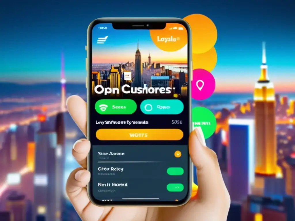 Ofertas personalizadas en la ciudad nocturna Smartphone con app de fidelización mostrando ofertas personalizadas en la ciudad de noche, reflejando estrategias de fidelización clientes hosting