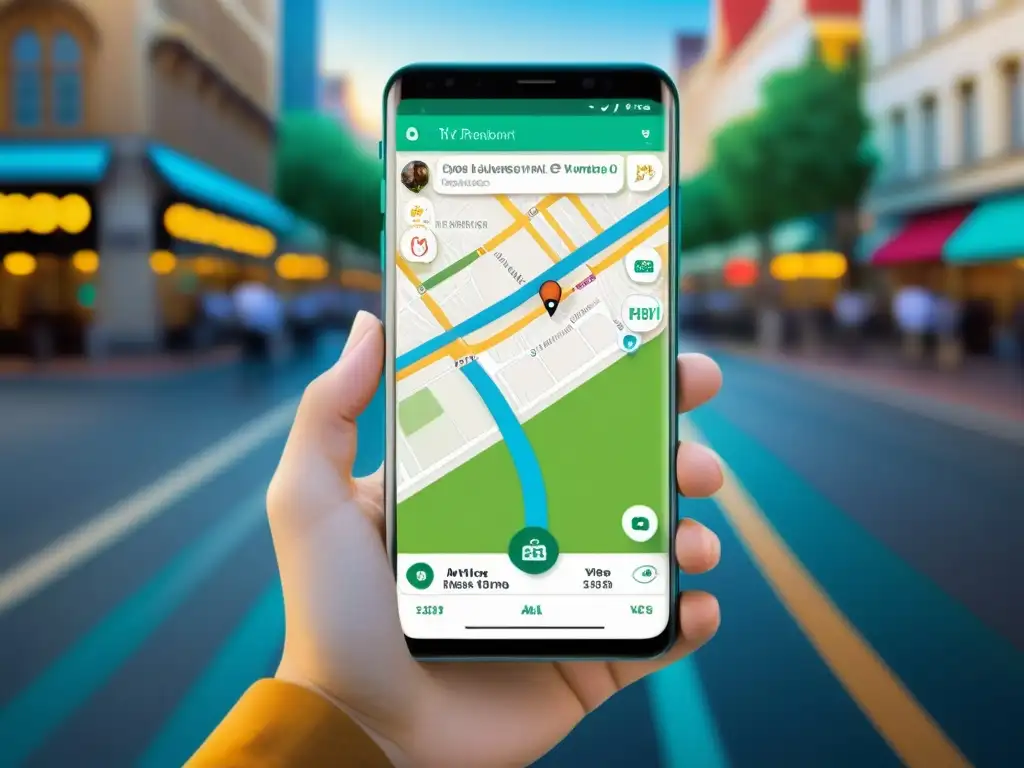 Geolocalización en WordPress: Mapa con ubicación precisa en ciudad vibrante Smartphone mostrando mapa con geolocalización en ciudad animada