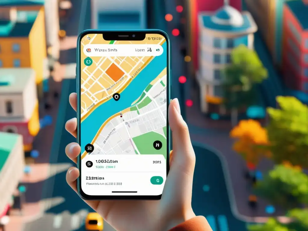 Geolocalización 8K: Mapa dinámico de ciudad con precisión Un smartphone 8K muestra mapas precisos de una ciudad vibrante, con visualizaciones dinámicas de geolocalización