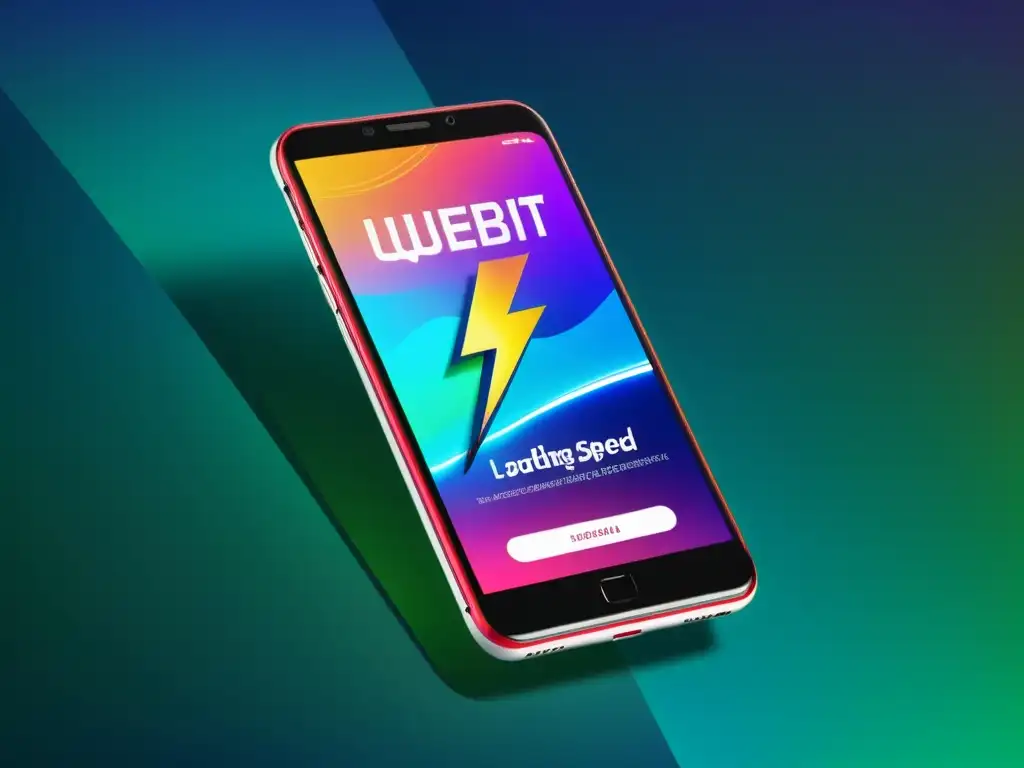 Experiencia móvil ultrarrápida: diseño futurista y carga instantánea Un smartphone moderno muestra una web con carga ultra rápida, rodeado de líneas digitales futuristas y colores vibrantes