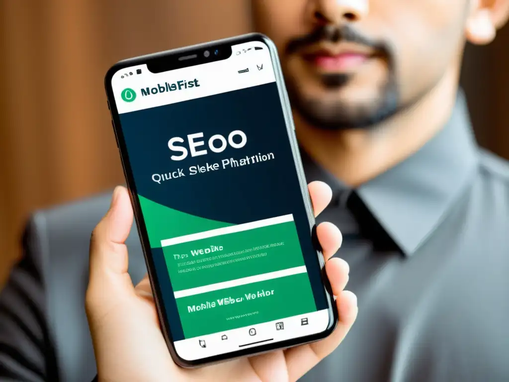 Optimización web para móviles: profesionalidad y vanguardia Smartphone moderno mostrando web rápida y optimizada para dispositivos móviles, transmitiendo profesionalismo y autoridad en SEO móvil