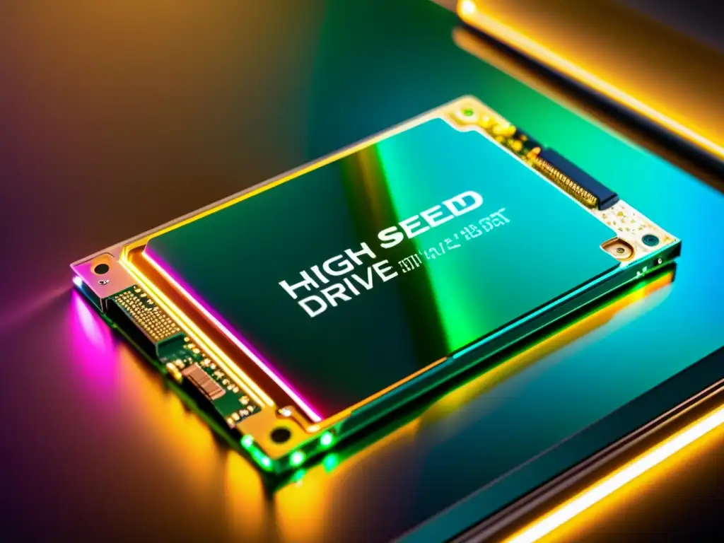 SSD de alta velocidad: detalle impactante Un SSD de alta velocidad con carcasa metálica y circuitos visibles a través de un panel transparente, iluminado dramáticamente