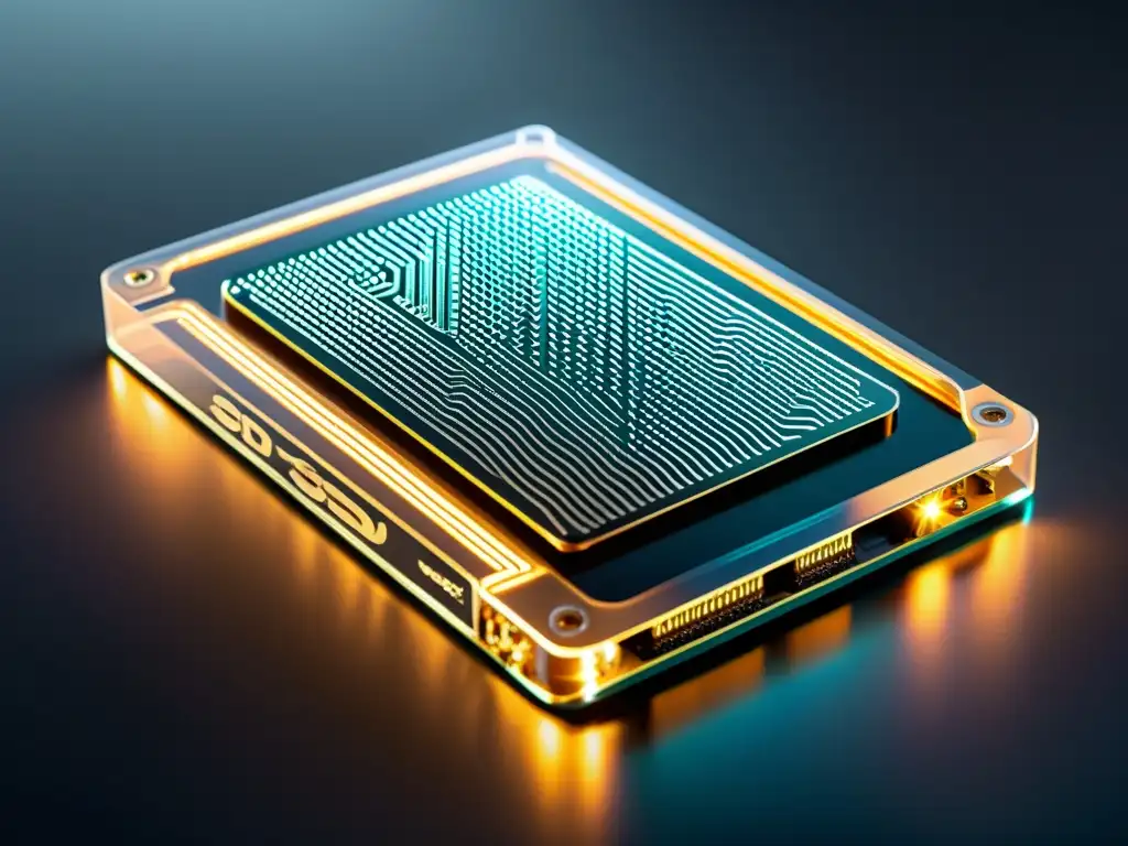 SSD de alta tecnología con patrones de circuito visibles Un SSD moderno y elegante con patrones de circuitos visibles a través de su carcasa transparente, irradiando tecnología avanzada y profesional