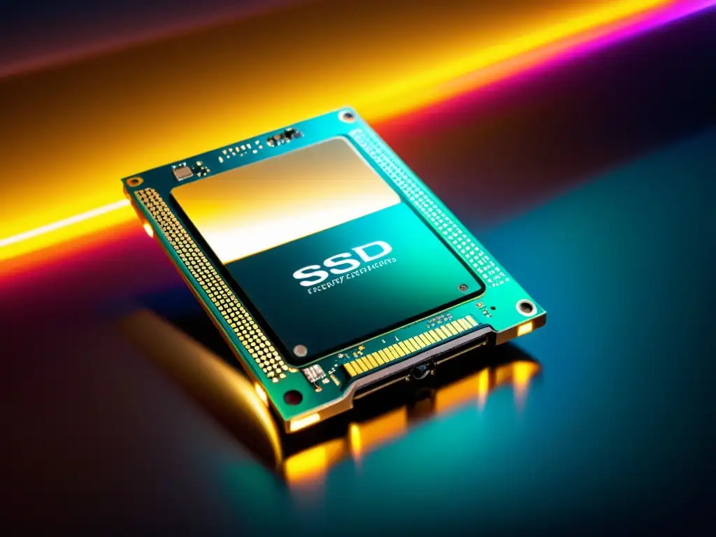 SSD de alta tecnología: potencia y eficiencia Un SSD moderno y sofisticado con luces LED vibrantes, simbolizando la eficiencia y avanzadas capacidades del SSD en hosting
