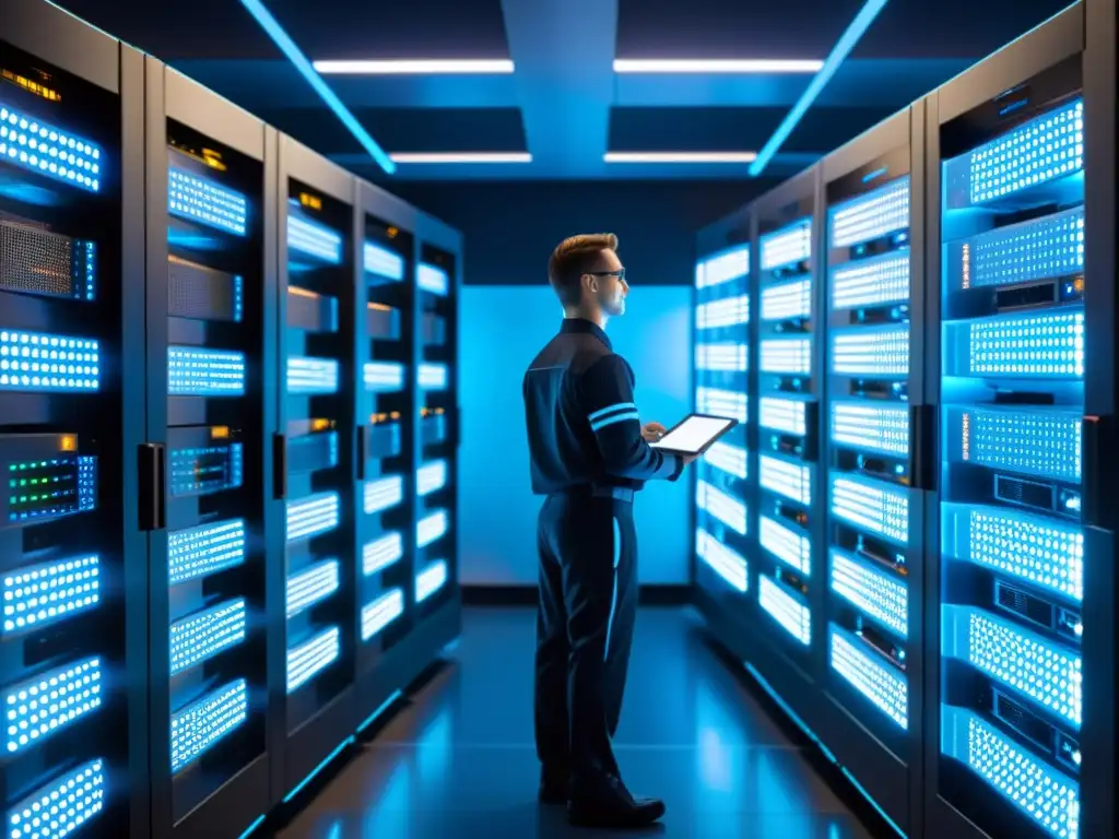 Centro de Datos Futurista: Tecnología Avanzada y Eficiencia Un técnico realiza mantenimiento en un centro de datos futurista, con servidores ordenados y luces LED parpadeantes