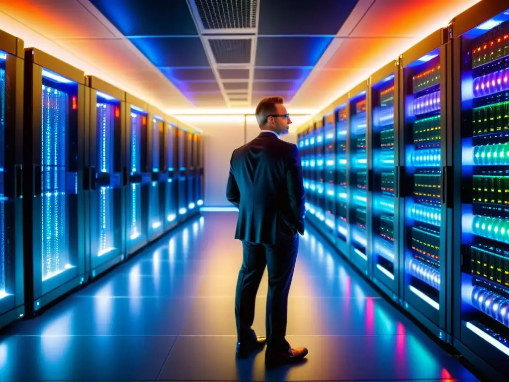 Centro de datos de última generación: Eficiencia y Tecnología Avanzada Un técnico realiza mantenimiento en un moderno centro de datos